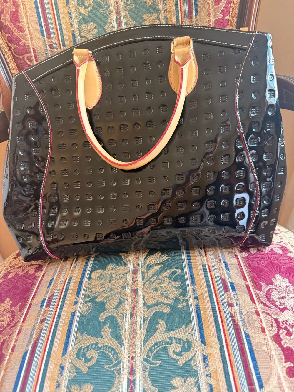 Arcadia Black Patent Tote with Tan Trim and Handles